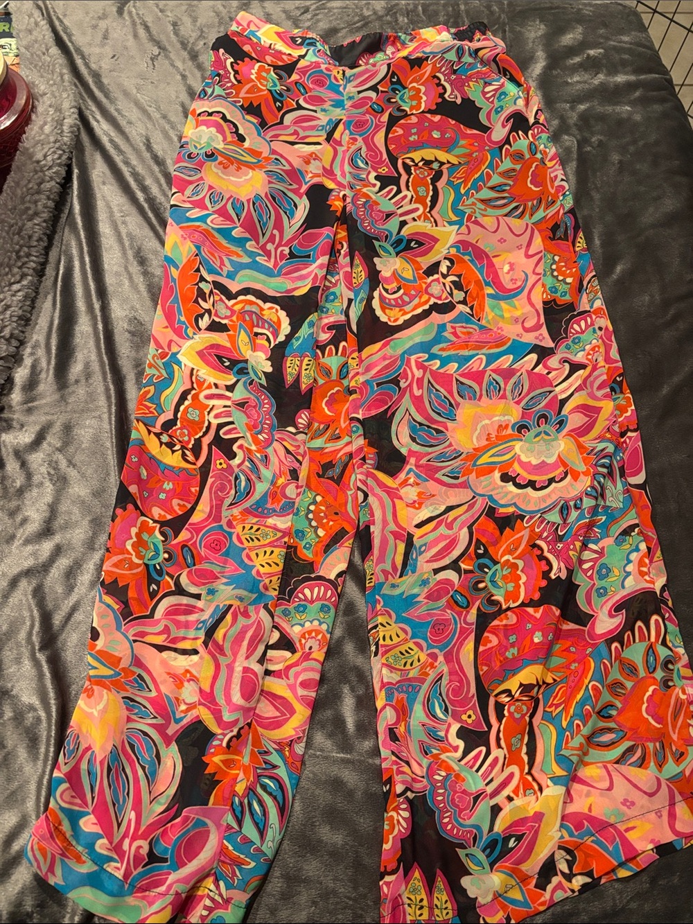 Vibrant Multicolor Paisley Lounge Pants Sheer with black shorts under